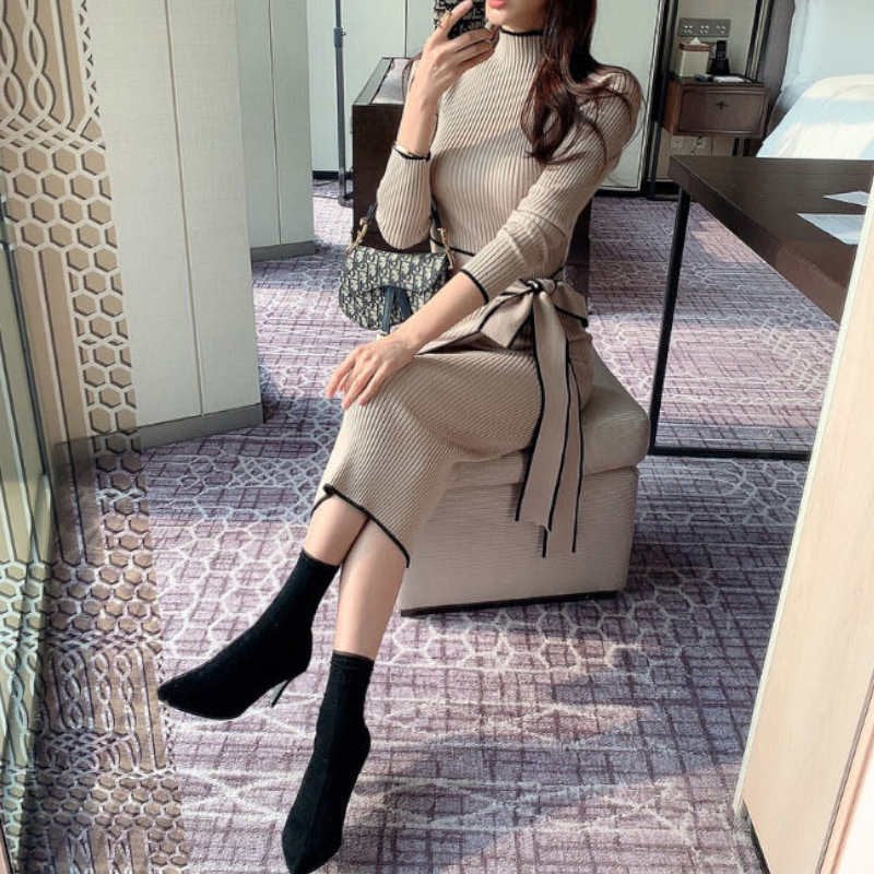 ウエストリボンハーフネックリブニットワンピース(2colors)