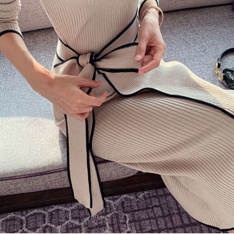 ウエストリボンハーフネックリブニットワンピース(2colors)