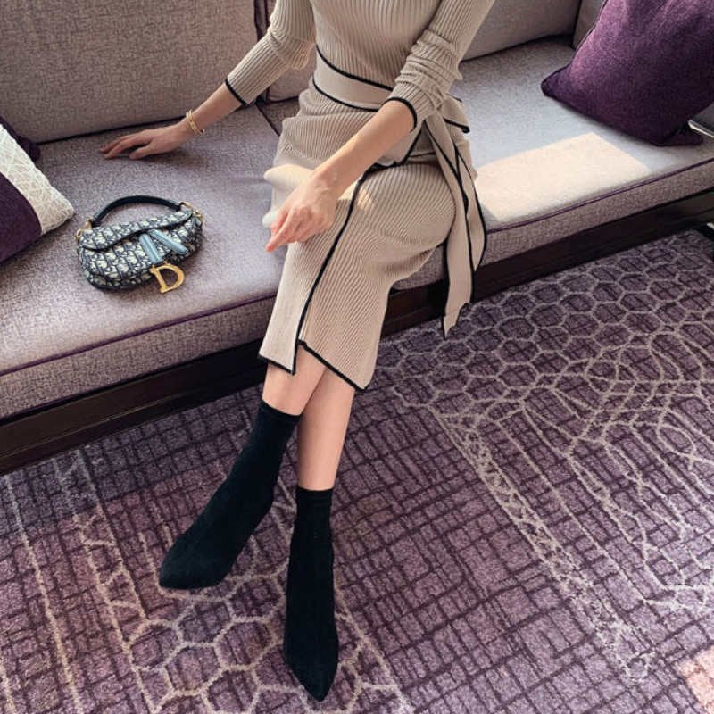 ウエストリボンハーフネックリブニットワンピース(2colors)