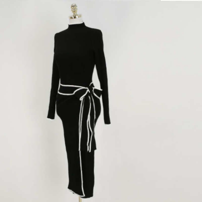 ウエストリボンハーフネックリブニットワンピース(2colors)