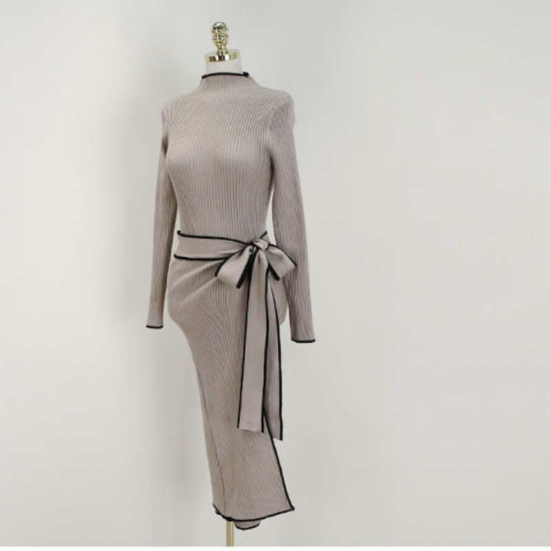 ウエストリボンハーフネックリブニットワンピース(2colors)