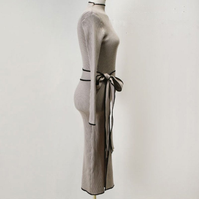 ウエストリボンハーフネックリブニットワンピース(2colors)