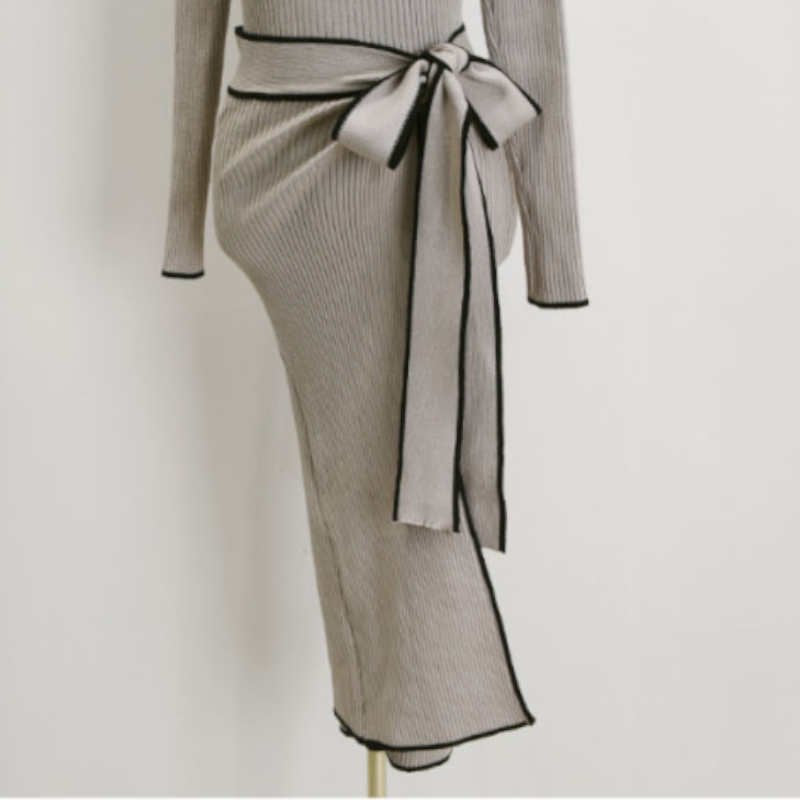 ウエストリボンハーフネックリブニットワンピース(2colors)