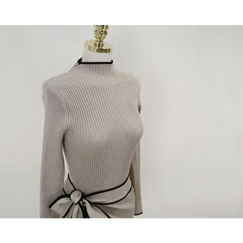 ウエストリボンハーフネックリブニットワンピース(2colors)