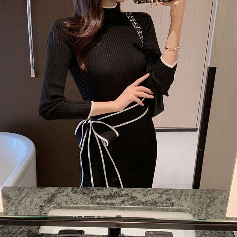 ウエストリボンハーフネックリブニットワンピース(2colors)