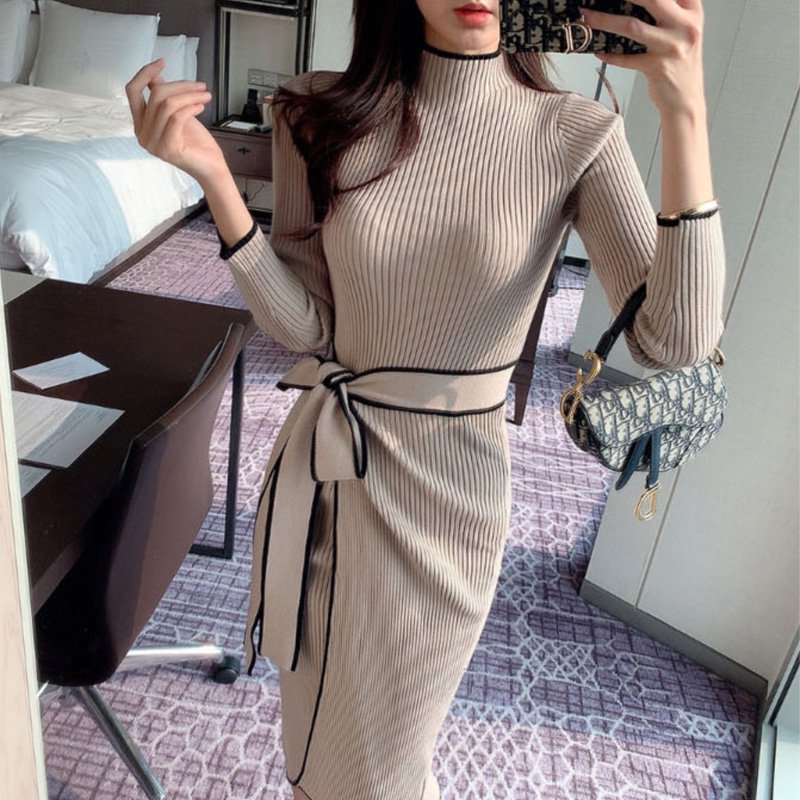 ウエストリボンハーフネックリブニットワンピース(2colors)