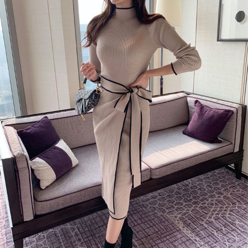 ウエストリボンハーフネックリブニットワンピース(2colors)