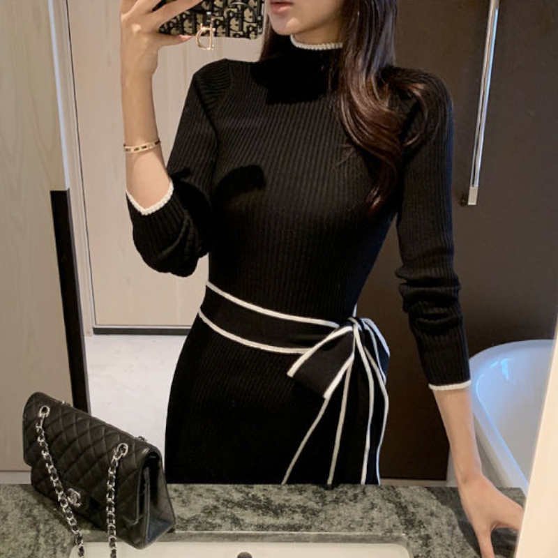 ウエストリボンハーフネックリブニットワンピース(2colors)