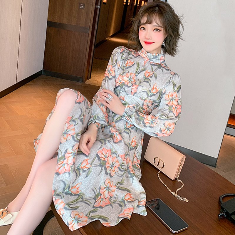 ハーフネック花柄プリントイレヘムワンピース