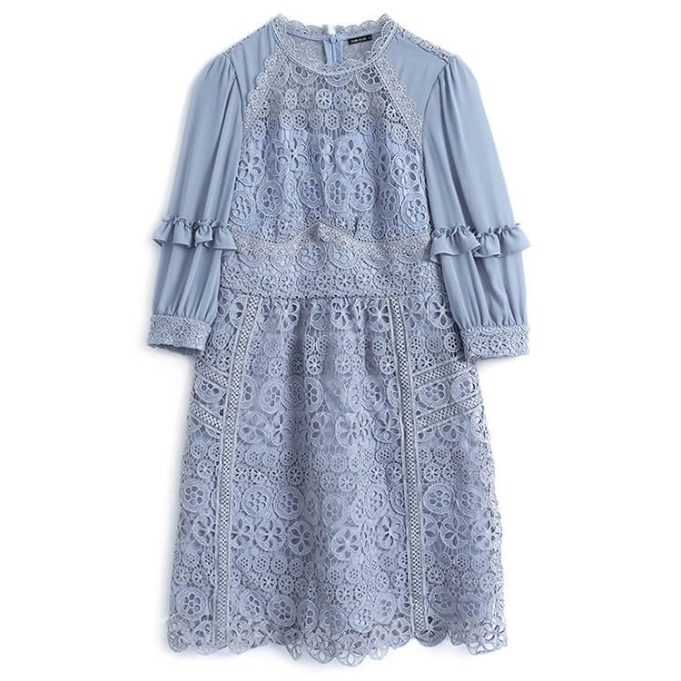 異素材スリーブカットワークレースワンピース(2colors)