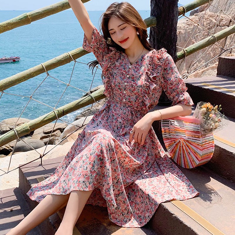 キャンディースリーブラッフル花柄ワンピース