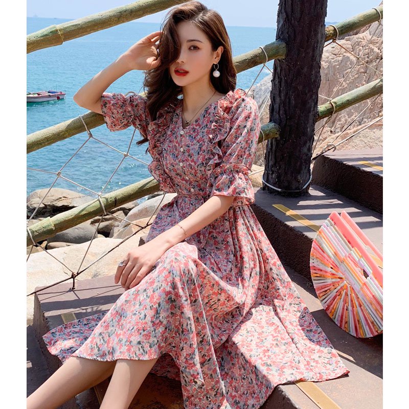 キャンディースリーブラッフル花柄ワンピース