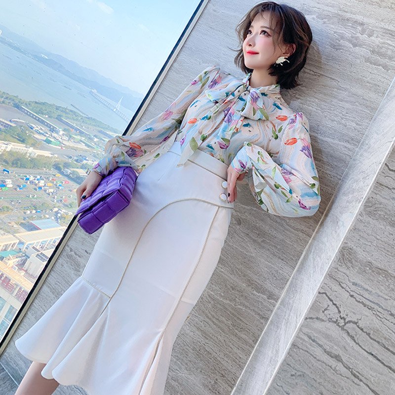 花柄ボウタイブラウス×フロントボタンマーメイドスカート【上下別売り可】<br>