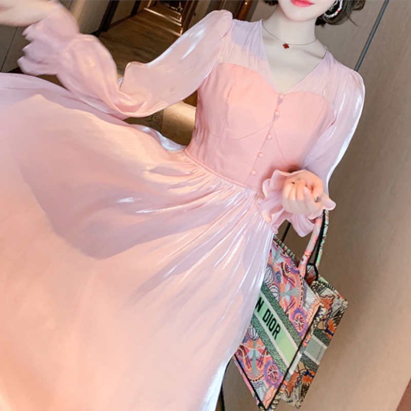 バックレースアップサテン風ロングワンピース(2colors)