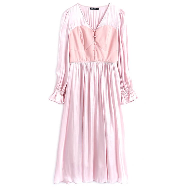 バックレースアップサテン風ロングワンピース(2colors)