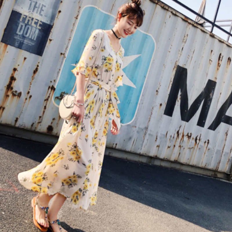 フレアスリーブ花柄プリントマキシワンピース