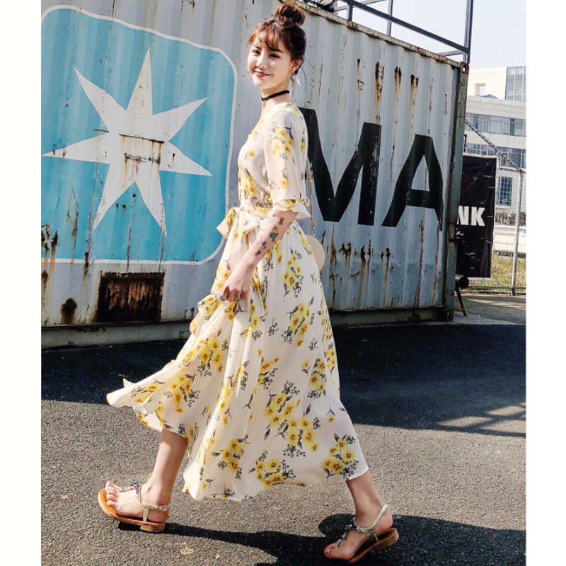 フレアスリーブ花柄プリントマキシワンピース
