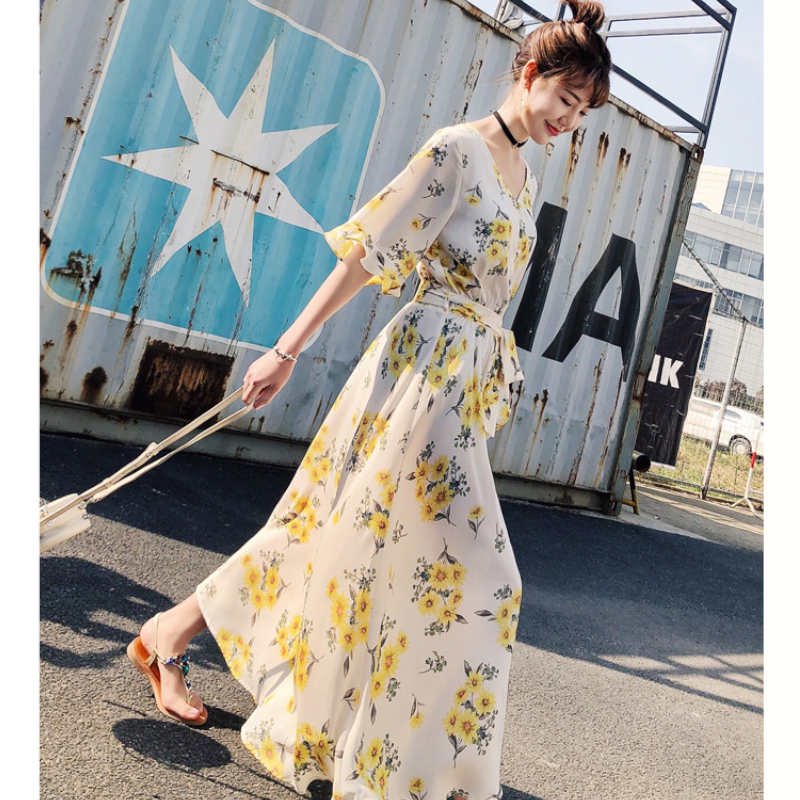 フレアスリーブ花柄プリントマキシワンピース