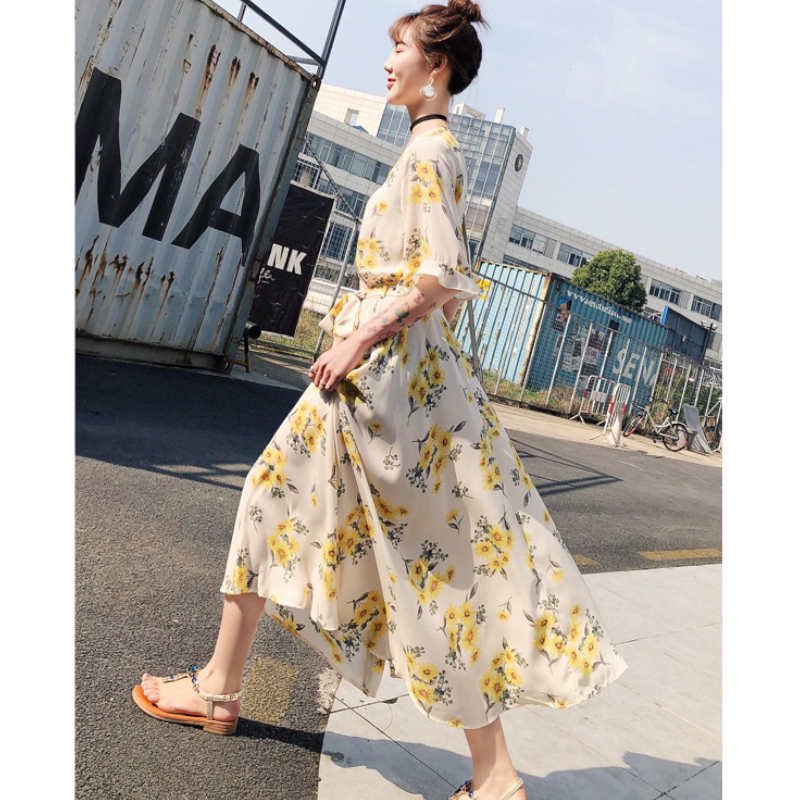 フレアスリーブ花柄プリントマキシワンピース