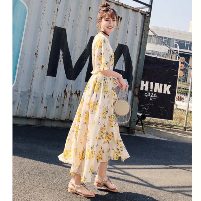 フレアスリーブ花柄プリントマキシワンピース