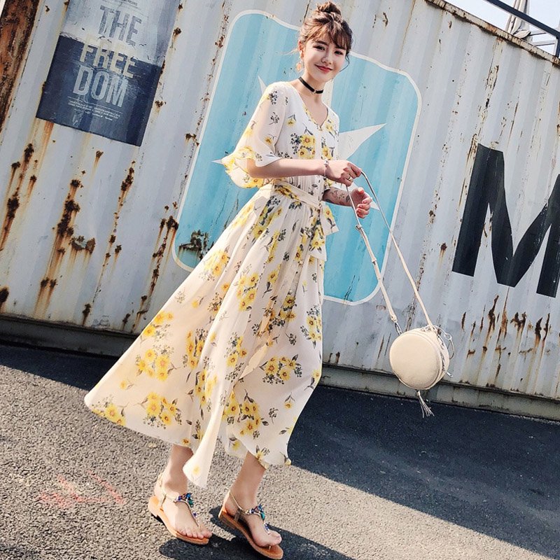 フレアスリーブ花柄プリントマキシワンピース