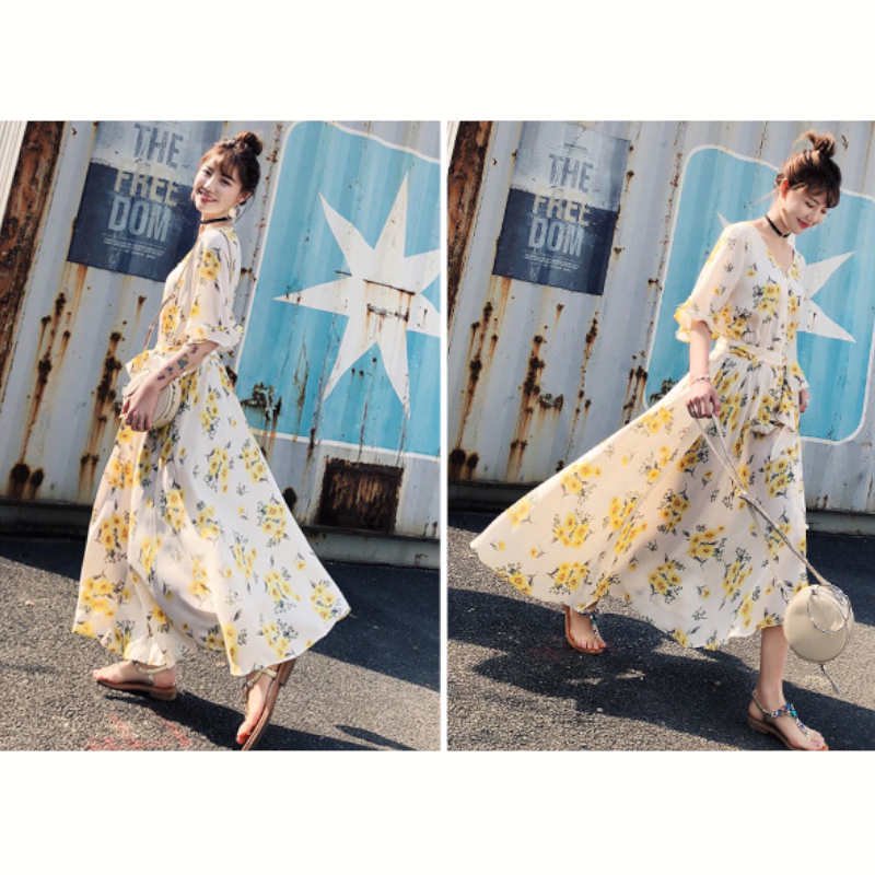 フレアスリーブ花柄プリントマキシワンピース