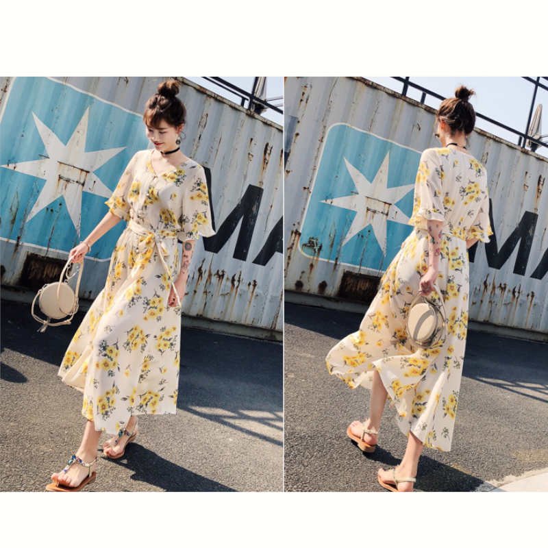 フレアスリーブ花柄プリントマキシワンピース