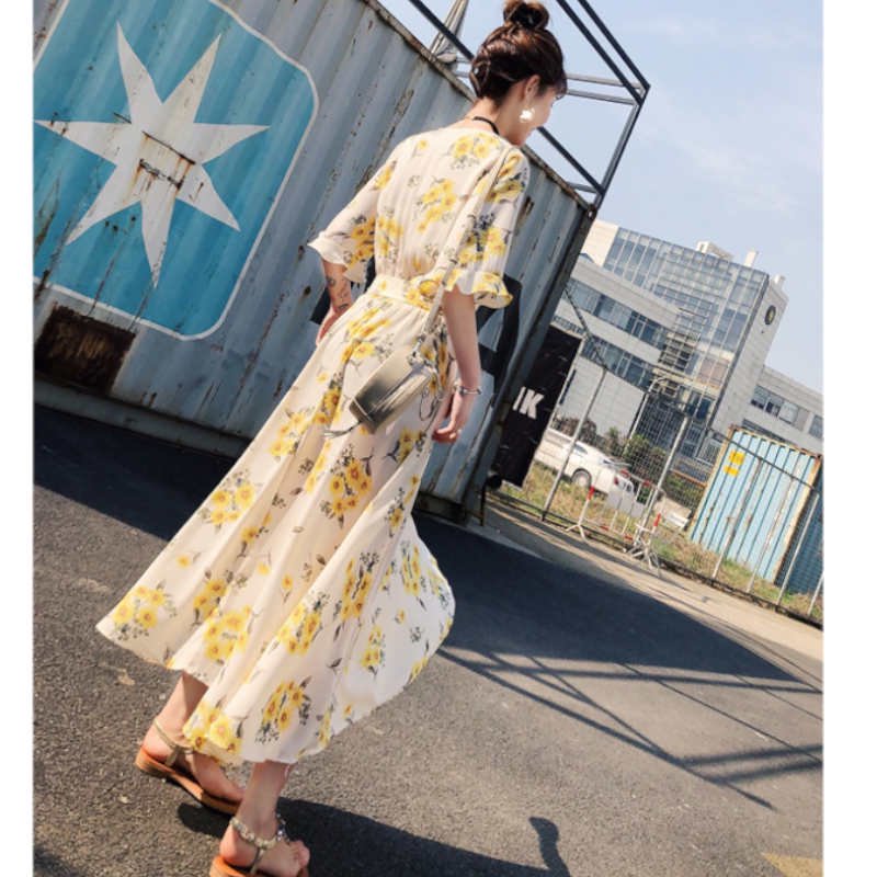 フレアスリーブ花柄プリントマキシワンピース