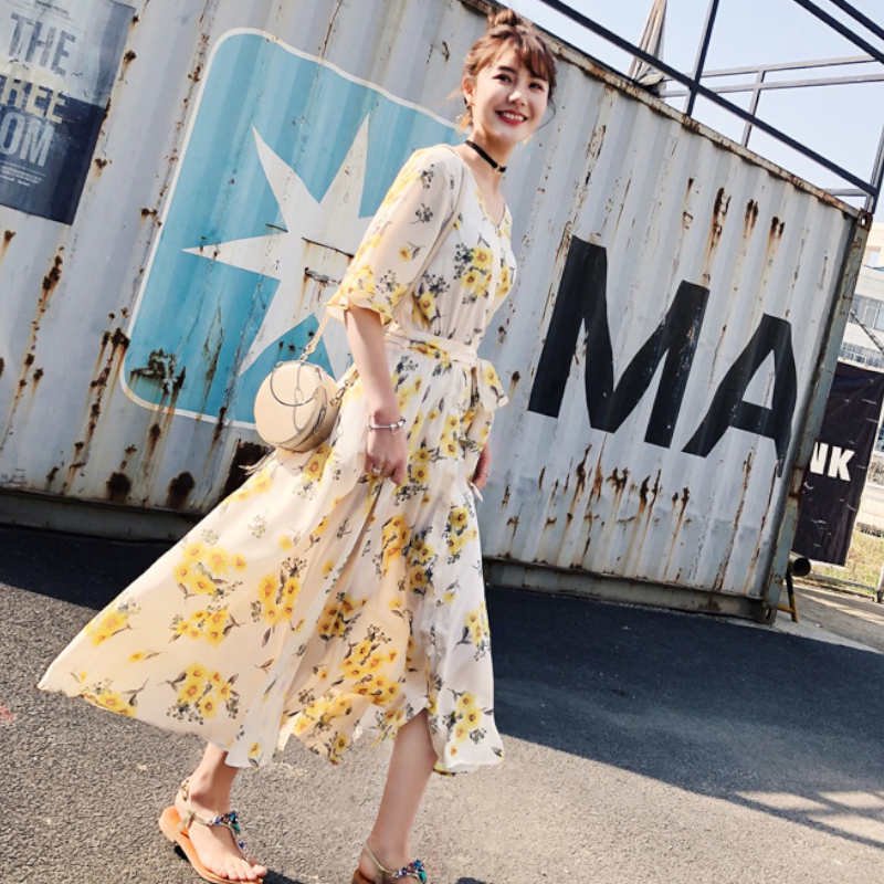 フレアスリーブ花柄プリントマキシワンピース
