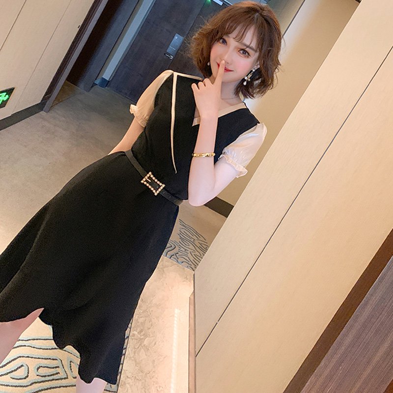 異素材スリーブマーメイドワンピース