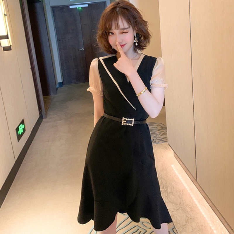 異素材スリーブマーメイドワンピース