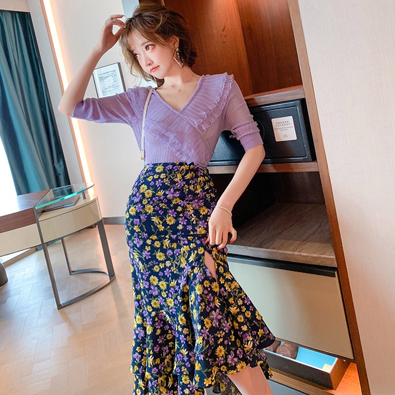 シアーフリルリブサマーニット×スリット入り花柄マーメイドスカート【上下別売り可】