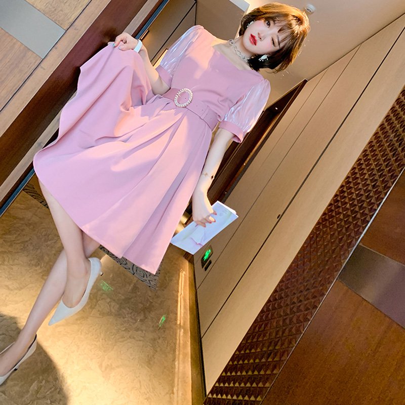 異素材パフスリーブベルト付きワンピース(2colors)