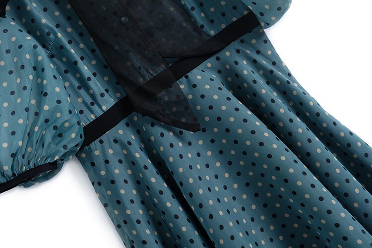 ランタンスリーブ異素材ボウタイドットプリントワンピース