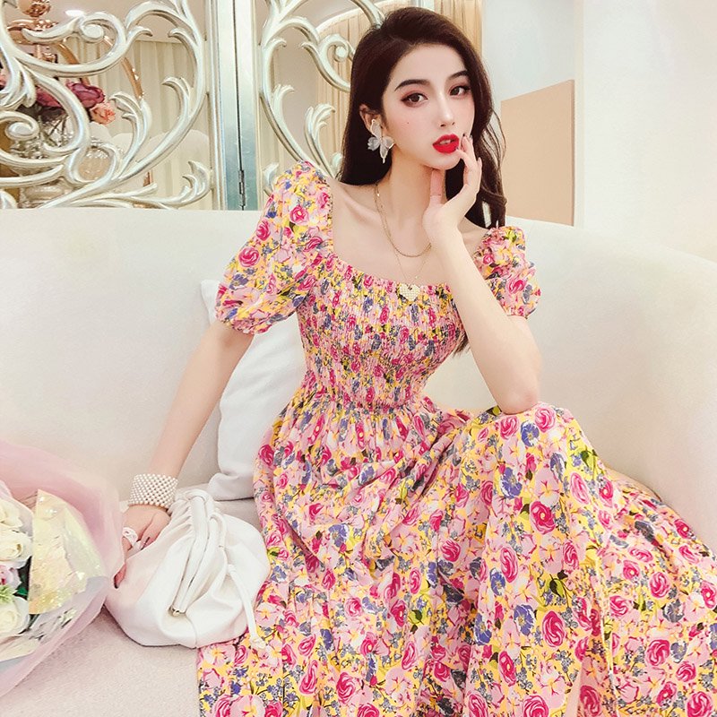 プリンセススリーブ花柄シフォンマキシワンピース