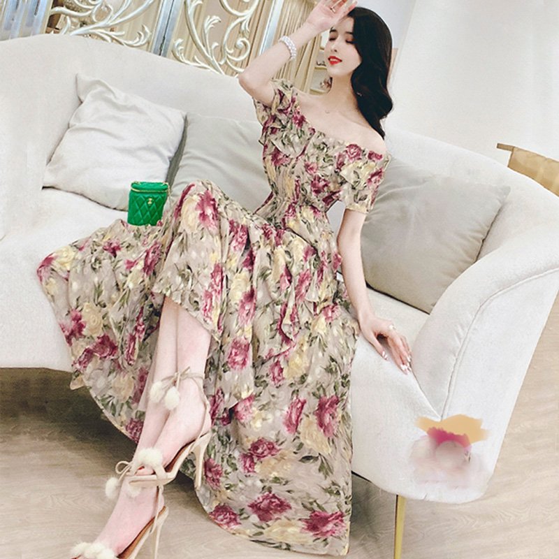 ラッフルオフショルダー花柄マキシワンピース