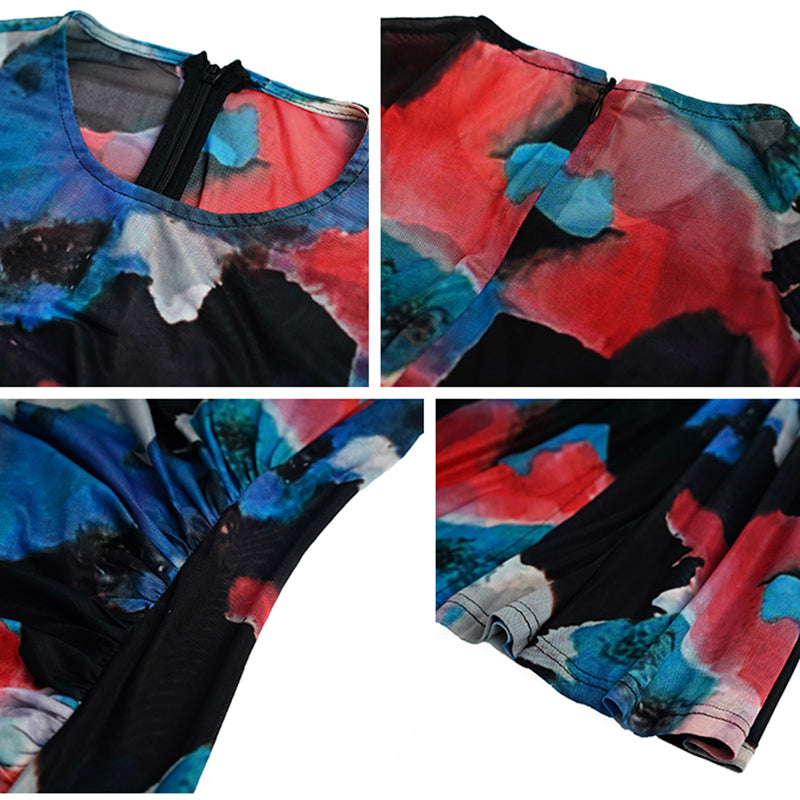 フレンチプリントスリット入りフレアスカートワンピース