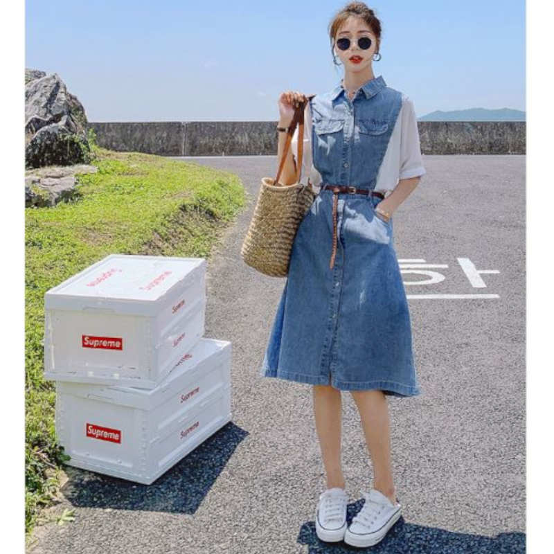 異素材スリーブフロントボタンデニムワンピース