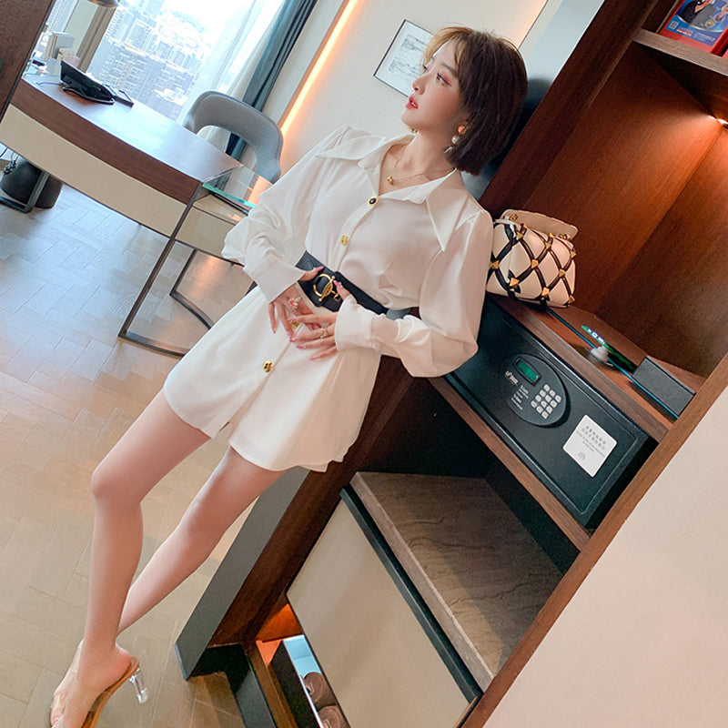 ウエストベルト付きロング開襟シャツ×ショート丈パンツ