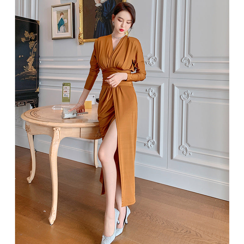 カシュクールウエストマークスリットワンピース(3colors)