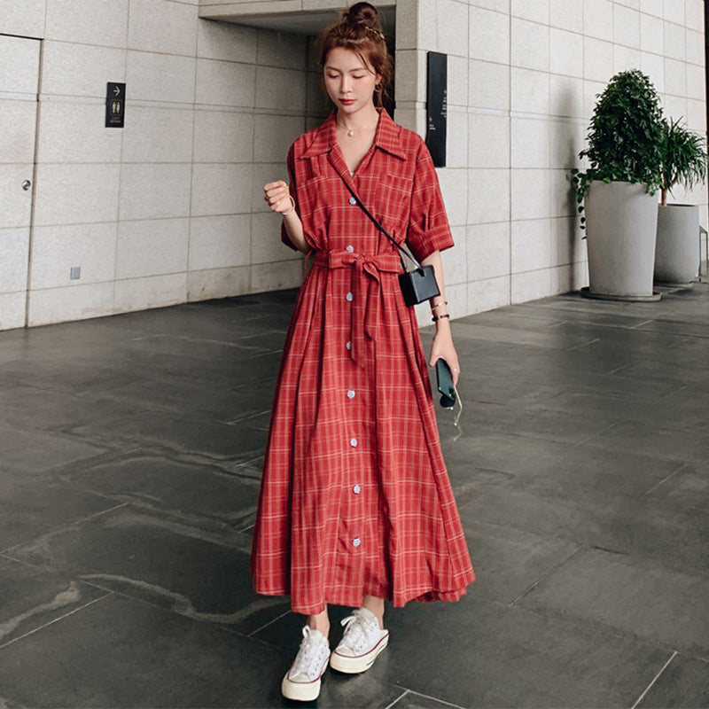 ウエストリボンチェックシャツワンピース(2colors)