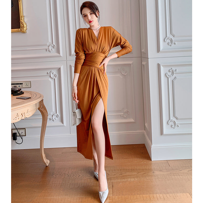 カシュクールウエストマークスリットワンピース(3colors)