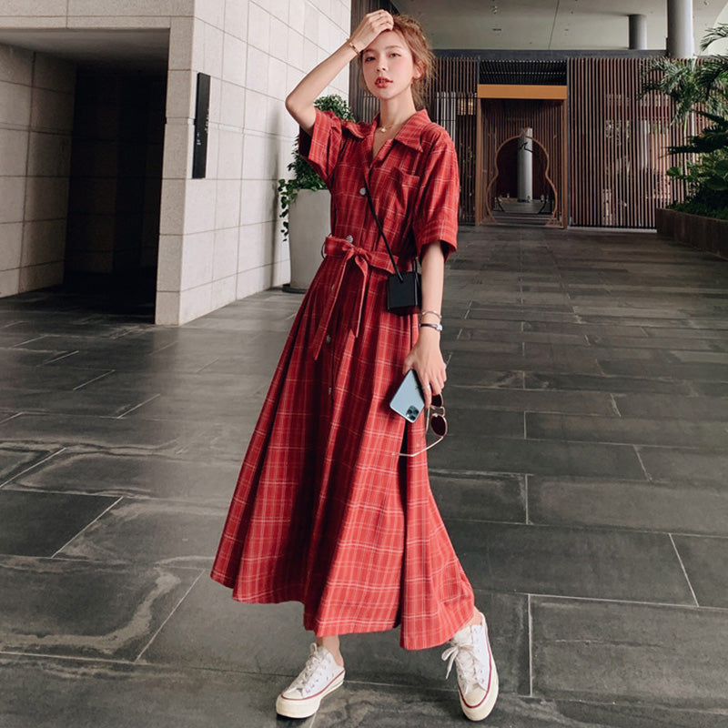 ウエストリボンチェックシャツワンピース(2colors)