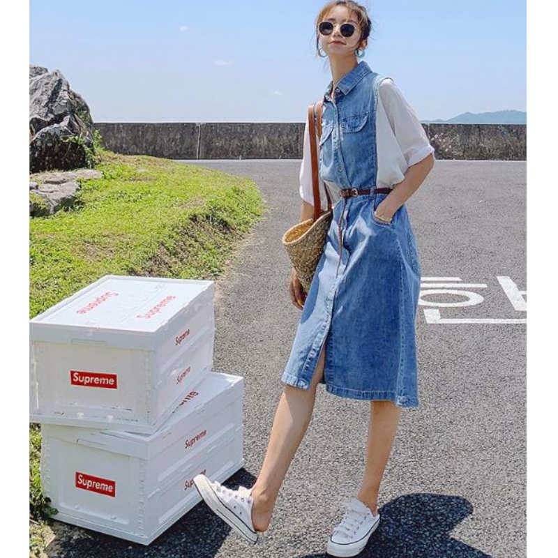 異素材スリーブフロントボタンデニムワンピース