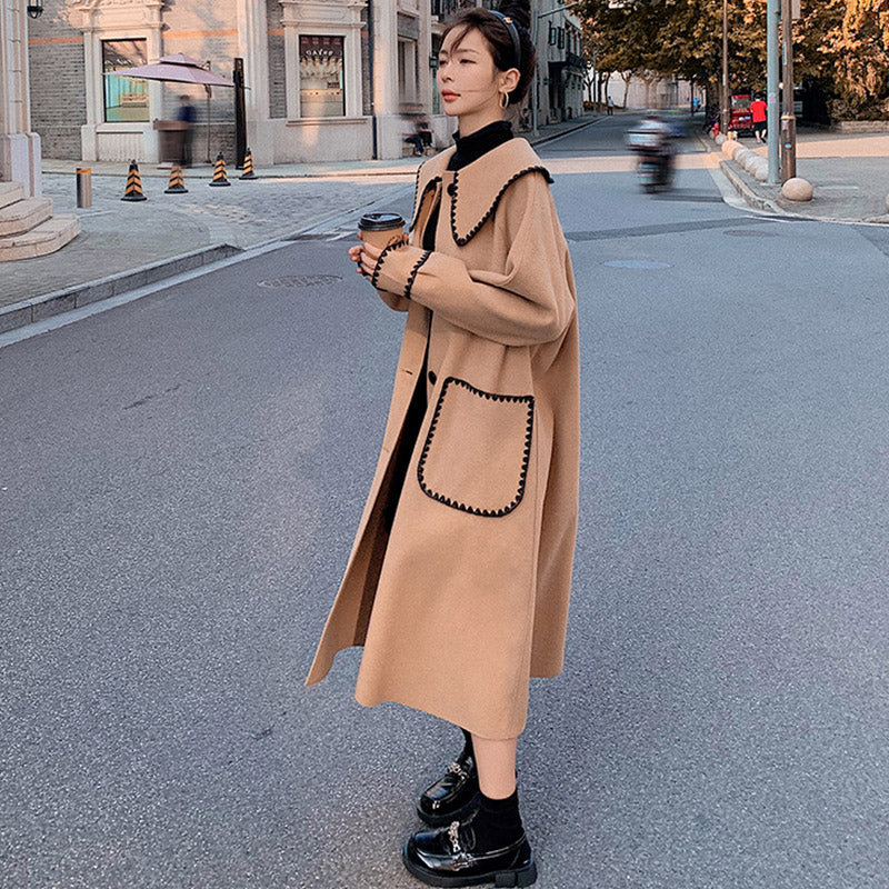 スカラップ刺繍ビッグカラーロングコート