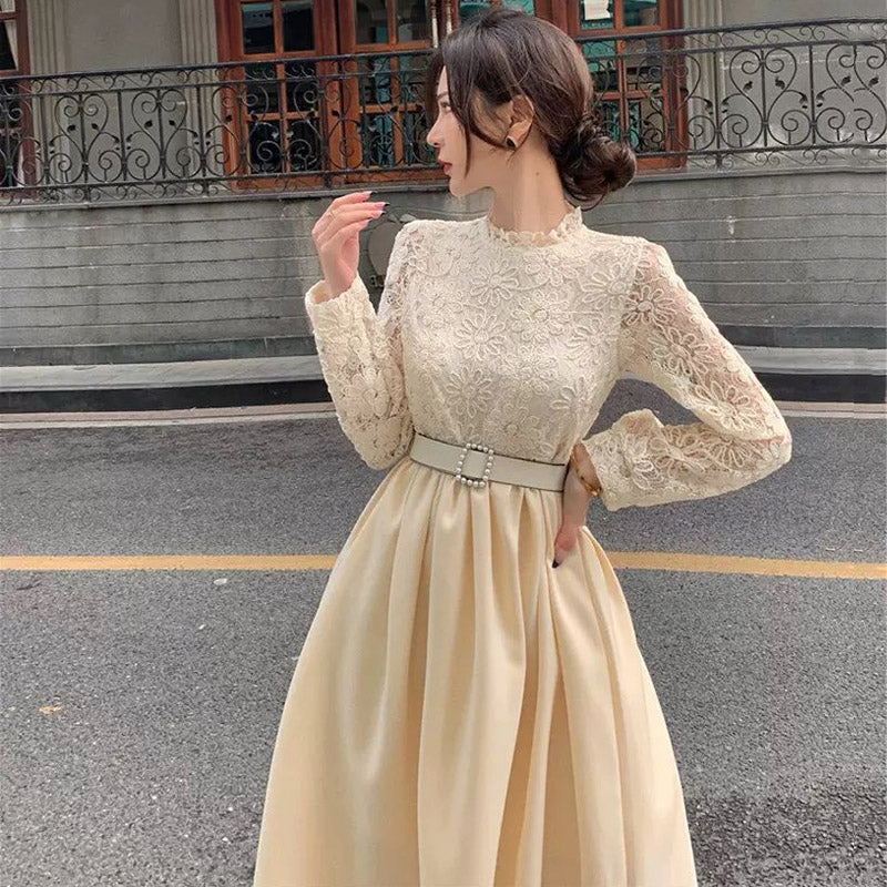 レースブラウスコンビネーションフレアワンピース