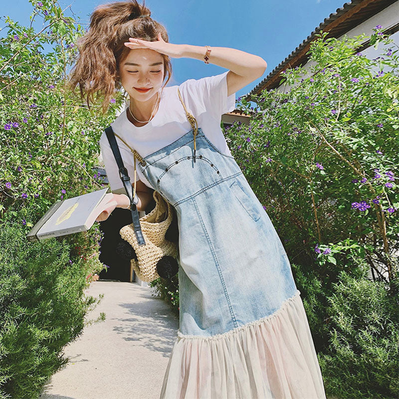 シアーフリルヘムデニムサロペットワンピース