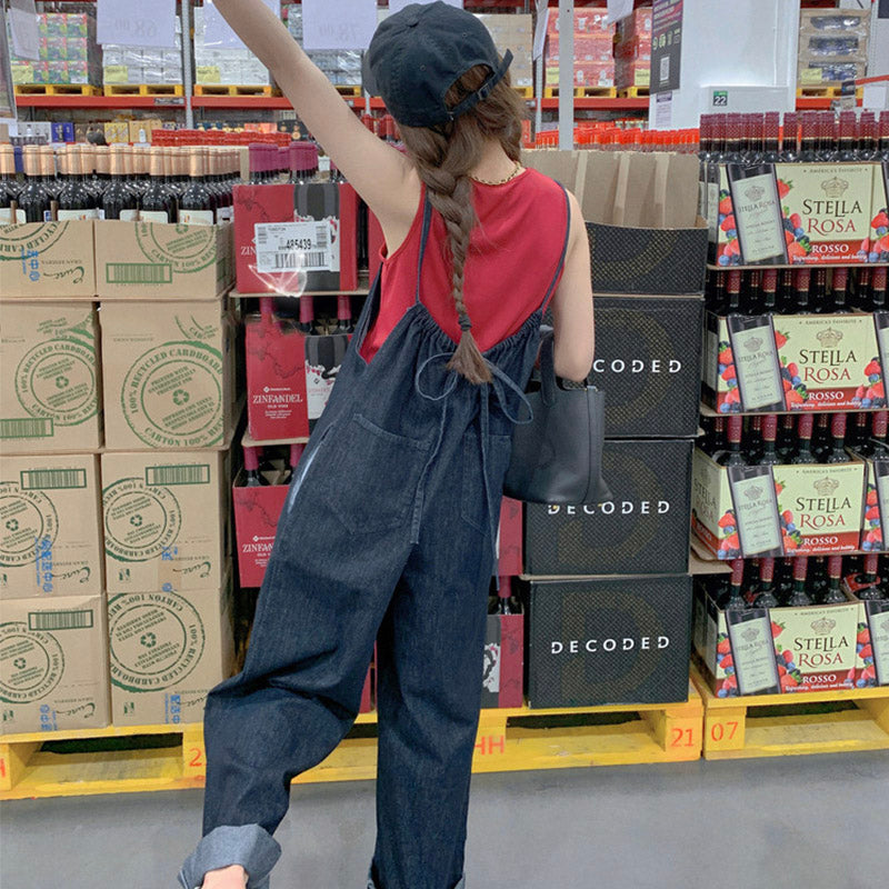 【即納】バックリボンデニムワイドサロペットパンツ