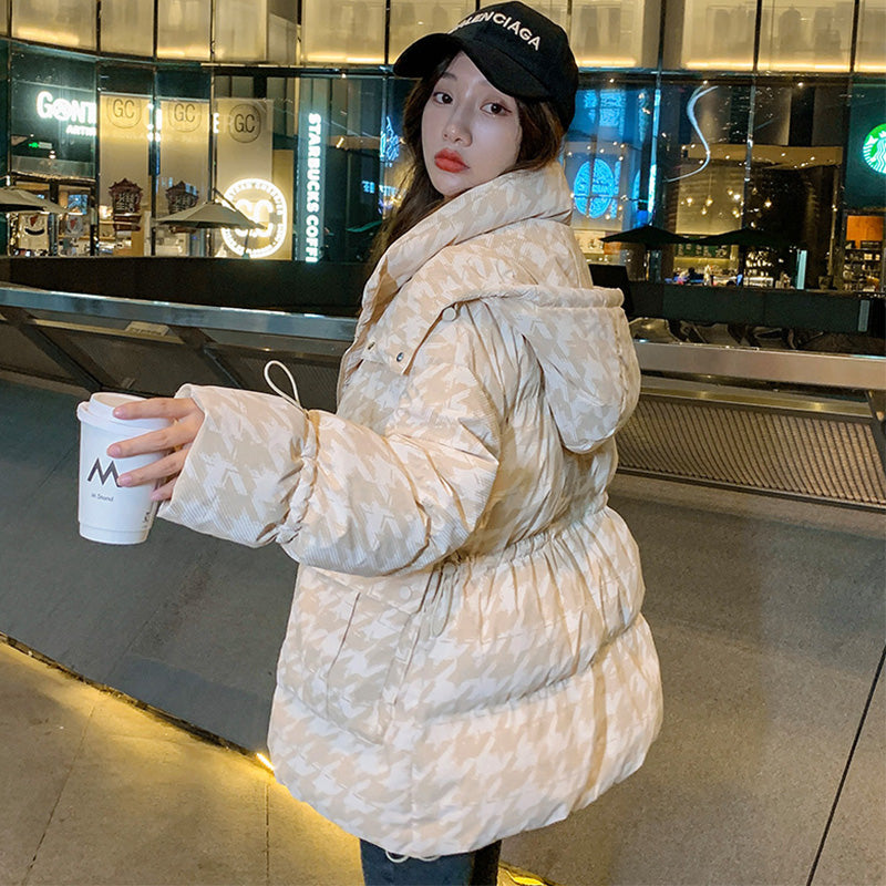 千鳥格子柄フーディードローストリングダウンジャケット