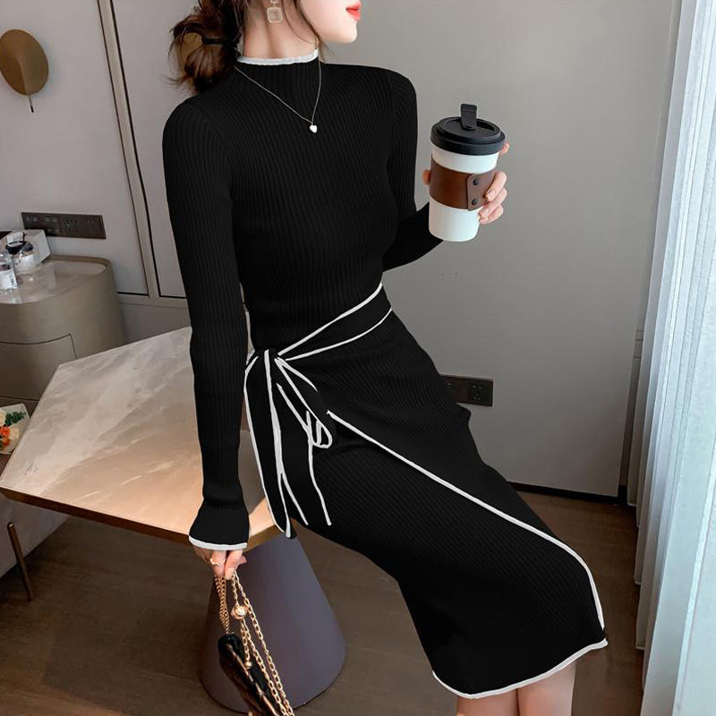 ウエストリボンハーフネックリブニットワンピース(2colors)